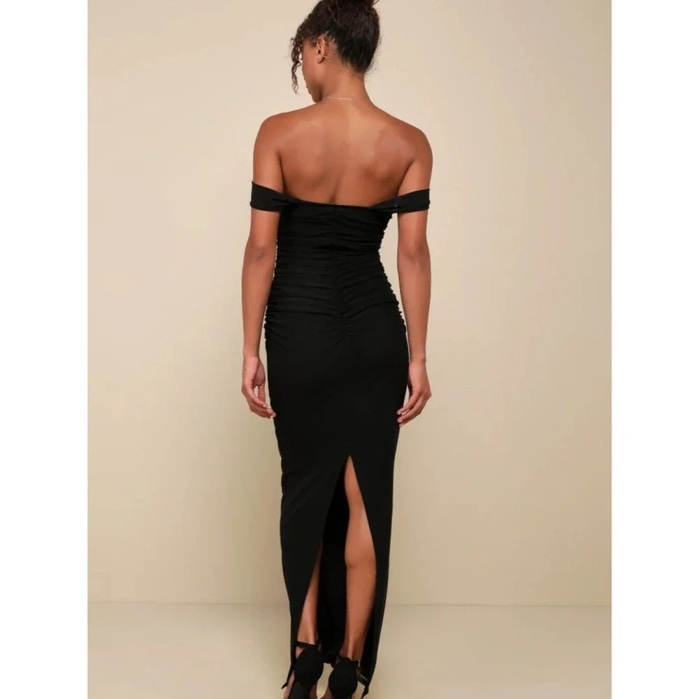 Lulus Black Mesh Ruched Column Maxi Dress